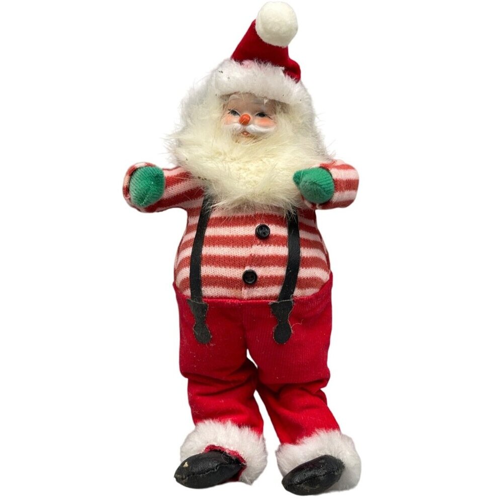 vintage Santa doll figurine bendable painted face red green gloves strips READ